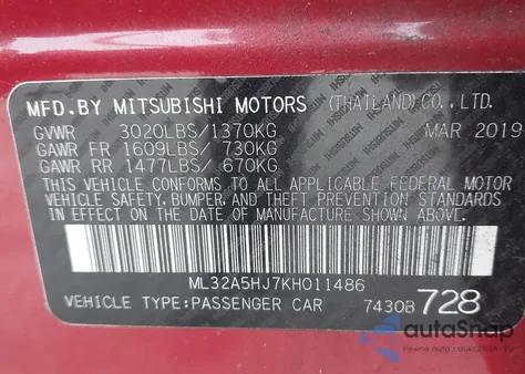 2019 Mitsubishi Mirage Le из США, поврежденный, VIN ML32A5HJ7KH011486